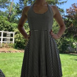 Black and white striped mini dress.